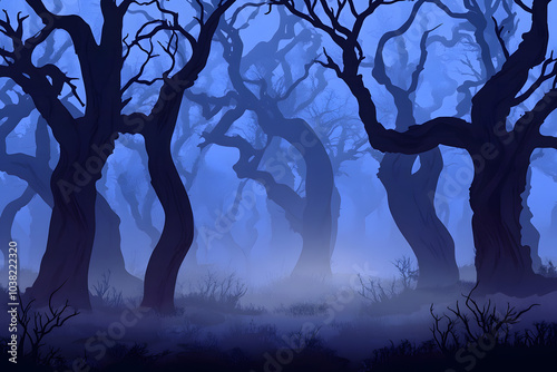 A realistic haunted forest with mist and eerie shadows among tall, twisted trees