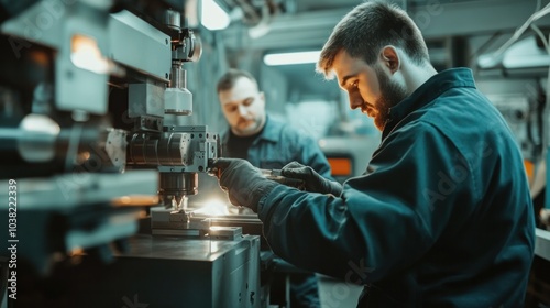 Professionals managing CNC machinery on production line, carefully monitoring machine performance and making adjustments to optimize the production process and reduce errors