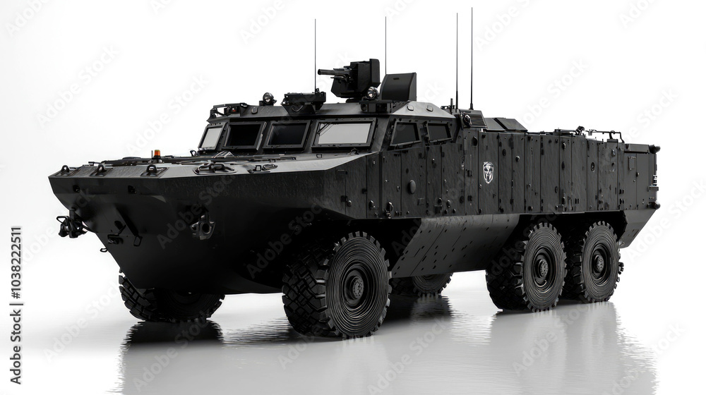 Black military armored vehicle with six wheels, a gun turret, and a white background. Black military armored vehicle with six wheels, a gun turret, and a white background.
