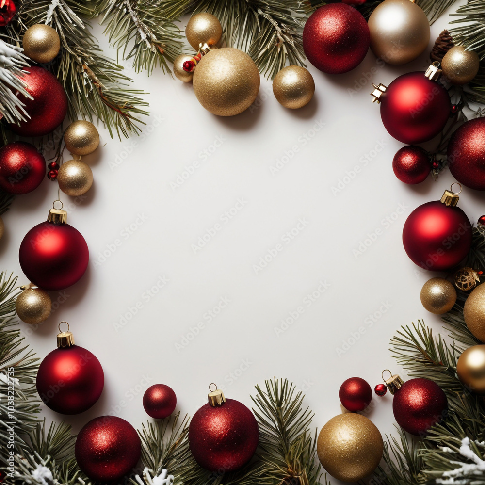 Holiday Ornament Border with Pine Branches Holiday Ornament Border with Pine Branches