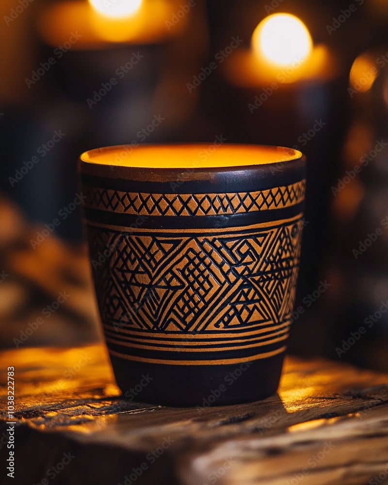 Close-up of traditional Kwanzaa unity cup with warm lighting, intricate patterns on the cup highlighted Close-up of traditional Kwanzaa unity cup with warm lighting, intricate patterns on the cup highlighted
