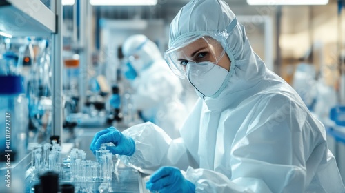 Semiconductor cleanroom worker performing manufacturing tasks, carefully managing the delicate processes required for semiconductor production in a contamination-free, sterile environment