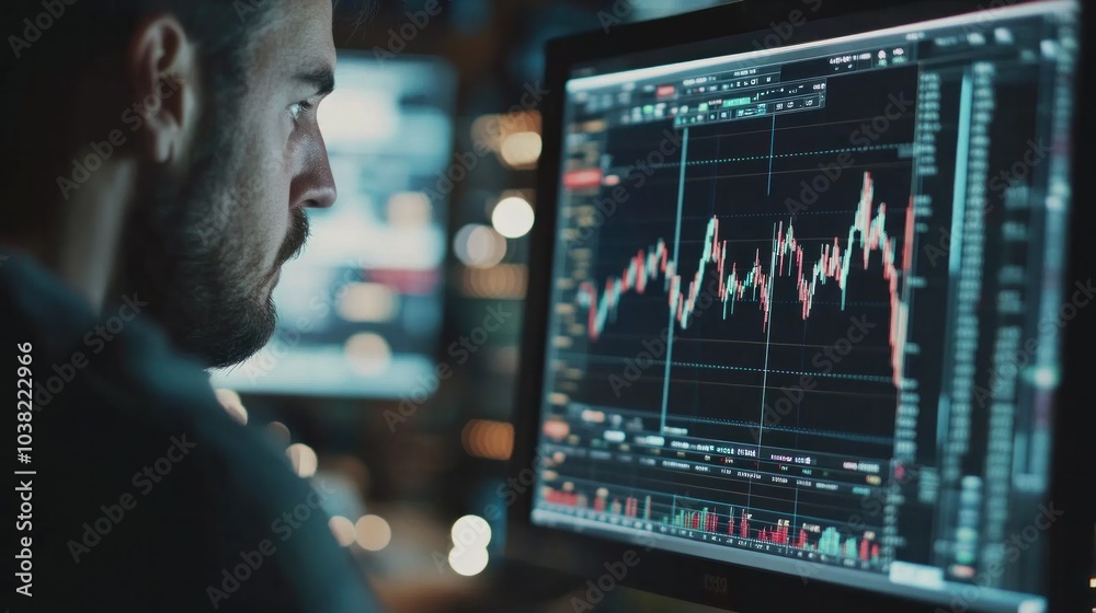 Stock market broker analyzing graphs on computer, focused on real-time market data and financial trends. The graphs display stock performance, helping the broker make informed trading decisions Stock market broker analyzing graphs on computer, focused on real-time market data and financial trends. The graphs display stock performance, helping the broker make informed trading decisions