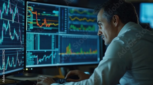 Stock market analysis by broker on computer, studying intricate charts and graphs that depict market trends and price fluctuations. The data-driven analysis helps guide trading strategies