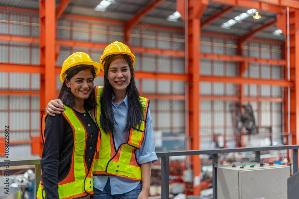 Two female mechanical engineers from different ethnicities and cultures having a discussion over a production plan. Cooperation or partnership across cultures and races in a manufacturing system Two female mechanical engineers from different ethnicities and cultures having a discussion over a production plan. Cooperation or partnership across cultures and races in a manufacturing system