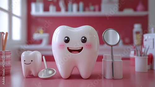 Cheerful scene of healthy white teeth beaming on a soft red background complemented by essential dentist tools like a mirror and hook promoting a positive message about oral hygiene and dental visits photo