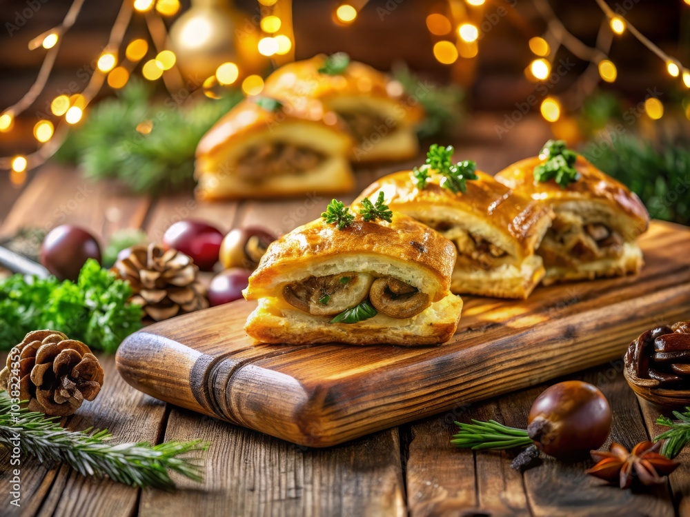 Delicious Sliced Golden Brown Puff Pastry Filled with Mushrooms on Wooden Cutting Board Decorated for Christmas with Bokeh Effect Delicious Sliced Golden Brown Puff Pastry Filled with Mushrooms on Wooden Cutting Board Decorated for Christmas with Bokeh Effect