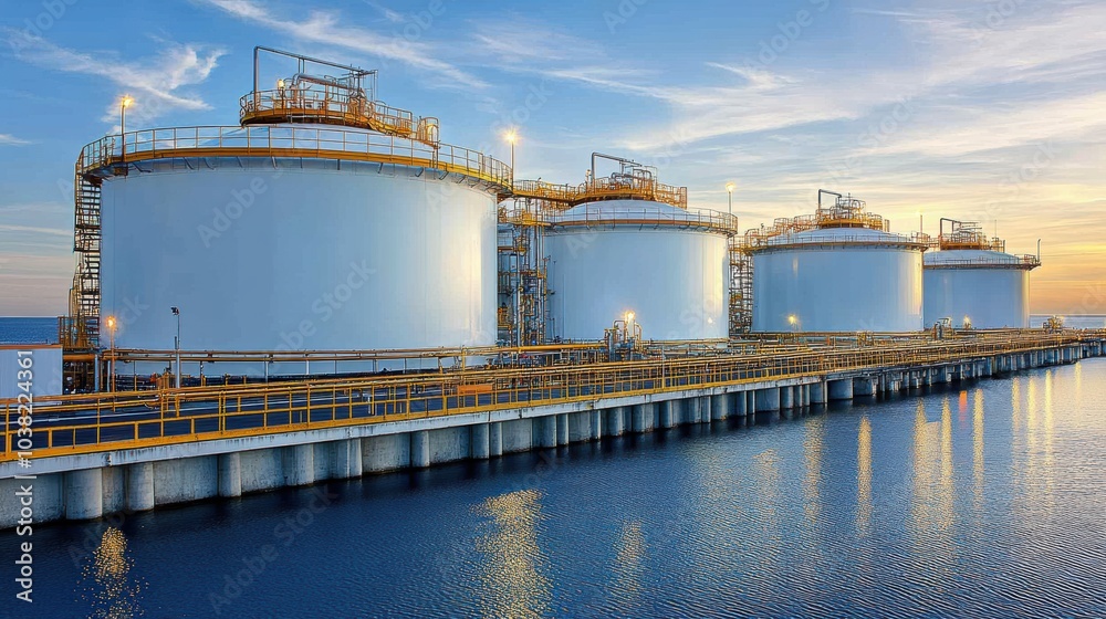 Fototapeta premium Industrial storage tanks near a calm waterfront at sunset, with reflections on the water and clear skies above.