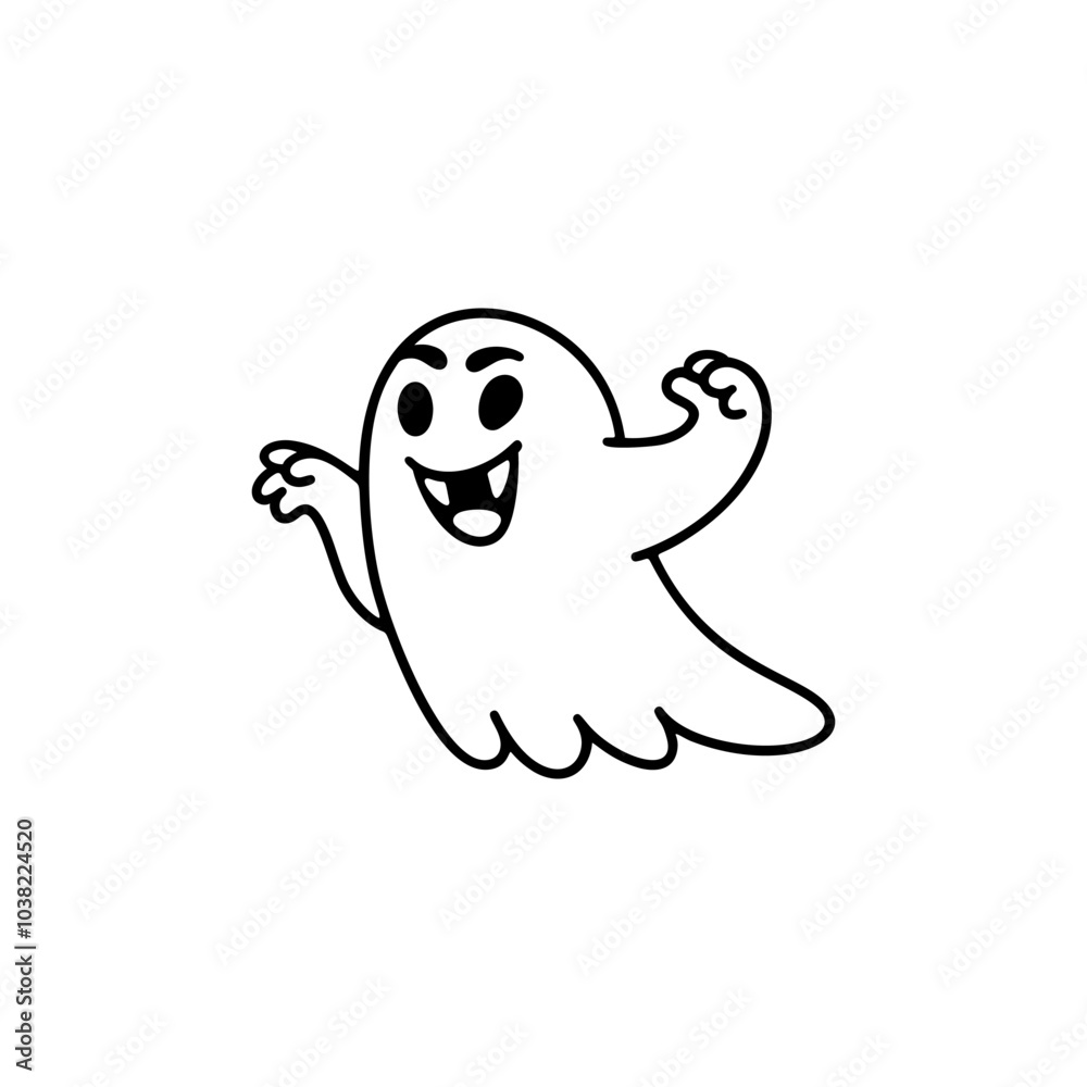 Fototapeta premium Halloween doodle ghost. Cute poltergeist scares others. Trick or Treat. Vector outline illustration. For coloring book.