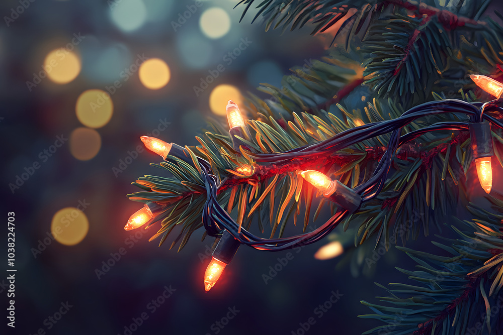 custom made wallpaper toronto digitalA realistic close-up of Christmas lights wrapped around a pine tree branch, glowing brightly in the evening