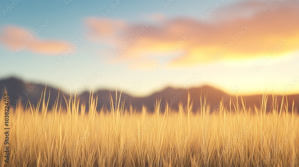 Golden grass field at sunset with mountains in the background, soft focus. Golden grass field at sunset with mountains in the background, soft focus.