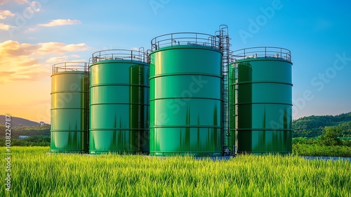 Industrial green storage tanks in a lush field contrasted against a vibrant sunset sky.