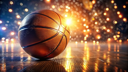 Double Exposure of Orange Basketball in Gym with Bokeh Lights for Sports Photography and Athletic Themes