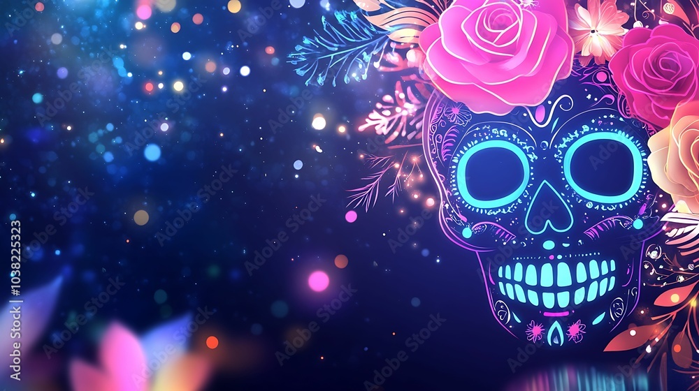 A vibrant neon sugar skull adorned with glowing roses and surrounded by sparkling lights, symbolizing a festive and mystical Day of the Dead celebration. A vibrant neon sugar skull adorned with glowing roses and surrounded by sparkling lights, symbolizing a festive and mystical Day of the Dead celebration.