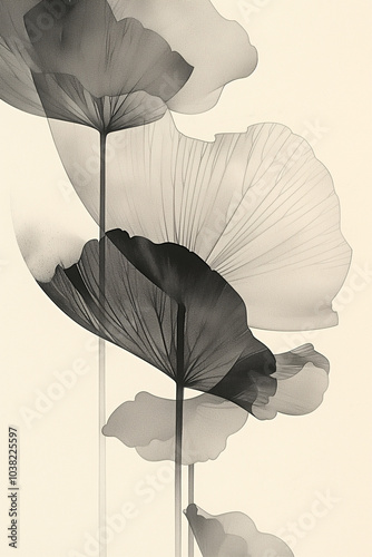 grayscale botanical artwork featuring long-stemmed leaves with smooth gradients and soft shadows