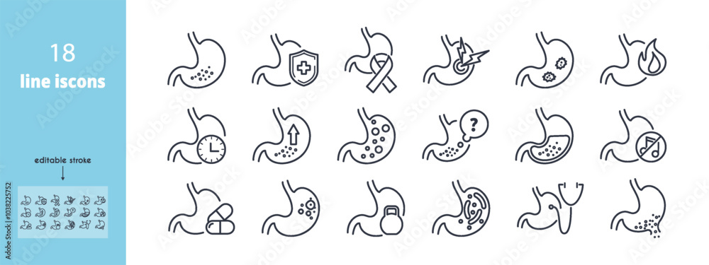 Fototapeta premium Stomach line icon set. Gastrointestinal problems and diseases. Gastritis, ulcer, reflux, belching, heartburn, bloating, diarrhea, constipation, pain vector illustration. Editable Strokes