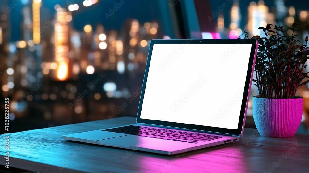 A laptop with a blank screen sits on a desk in a neon-lit workspace, overlooking a vibrant cityscape at night, blending modern technology with an urban atmosphere.