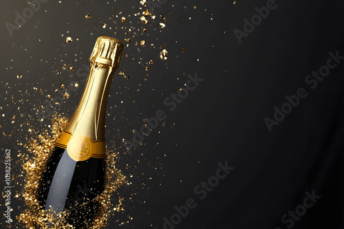 A realistic champagne bottle with gold foil, popping and spilling bubbly liquid in celebration