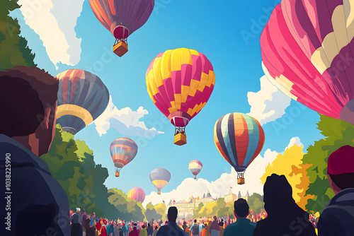 A playful vector illustration of a colorful hot air balloon festival, with balloons floating in the sky and people watching from below