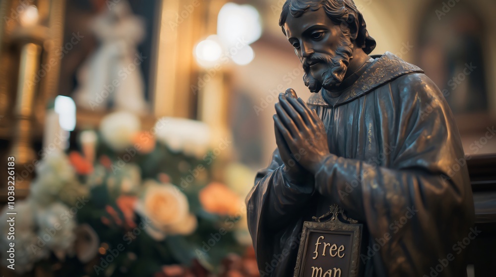 Statue of saint praying in church with candles in background Statue of saint praying in church with candles in background