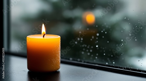 A small, lonely Christmas candle burning faintly on a window sill, with raindrops on the glass and a blurred view of snow falling outside  photo