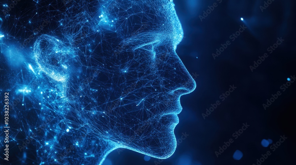 Futuristic polygonal 3d man made of glowing linear polygons in dark blue color. Abstract illustration for online business, it, network, support, services app concept. Futuristic polygonal 3d man made of glowing linear polygons in dark blue color. Abstract illustration for online business, it, network, support, services app concept.
