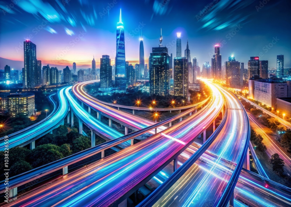 Fototapeta premium Dynamic Aerial View of Digital Data Streams and Technology Highways for Futuristic Product Photography