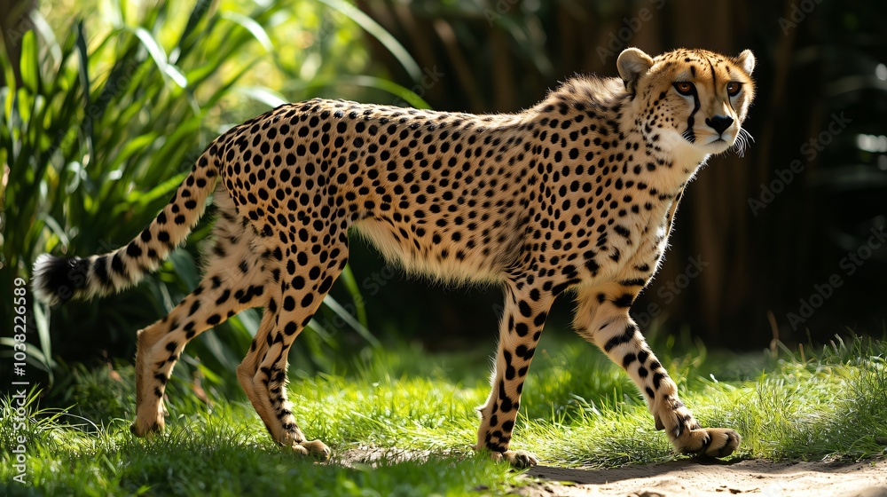 Fototapeta premium Cheetah walking through grass in the sunshine