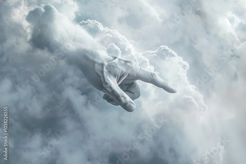 clouds surrounding gods hand pointing down to earth, divine interaction, dreamy atmosphere, fantasy, photorealistic