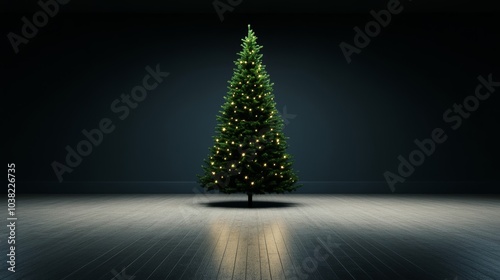 Dark Christmas tree with only a few dim lights and sparse decorations, standing in an empty room, reflecting a somber holiday mood 