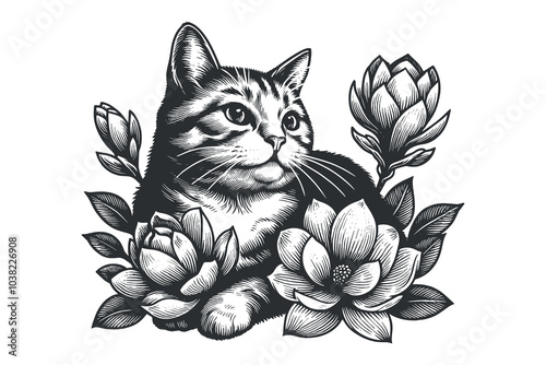 Beautiful cute tabby cat in magnolia flowers. Black and white vector illustration sketch, hand drawn, print, tattoo, cut out