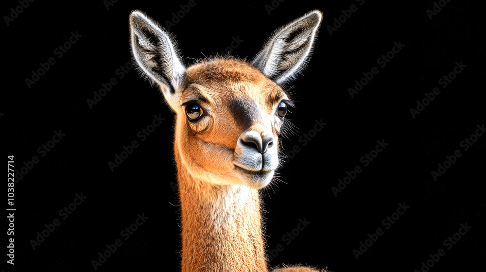 Obraz premium Close-up portrait of a curious and gentle-looking llama with large ears, brown fur, and dark eyes against a black background.