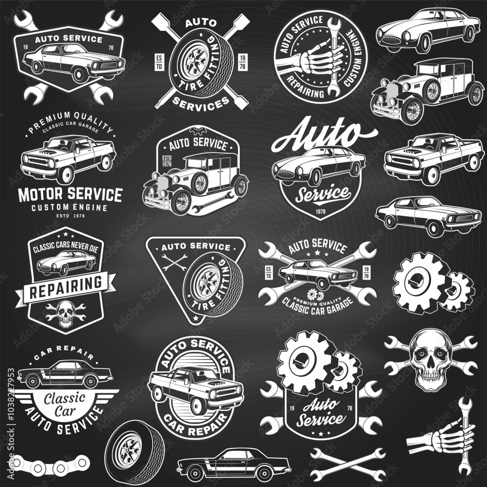 Fototapeta premium Set of auto service logo, emblems, badges and icons on the chalkboard. Vector. Service car repair, restoration and car club design elements.