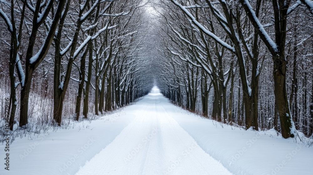 Fototapeta premium Icy, crystalline branches of trees arching over a narrow snow-covered trail deep within a tranquil winter forest 