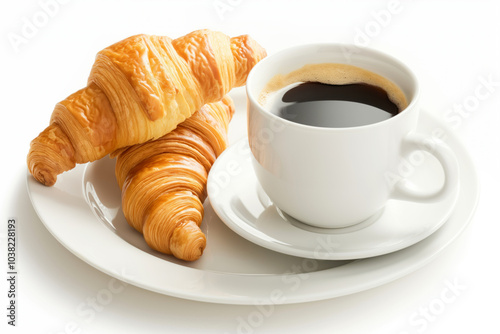 coffee and two croissants on a white plate. a hot drink and a sweet snack.