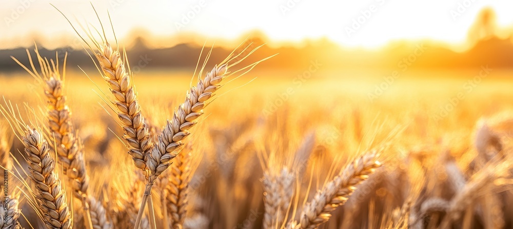 A beautiful wheat field with golden grain, with the sun setting in the background. The focus is on one or two ears of wheat, which stand out against the soft light and sky. A beautiful wheat field with golden grain, with the sun setting in the background. The focus is on one or two ears of wheat, which stand out against the soft light and sky.