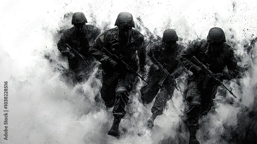 Four soldiers running through a cloud of smoke, guns in hand. Four soldiers running through a cloud of smoke, guns in hand.