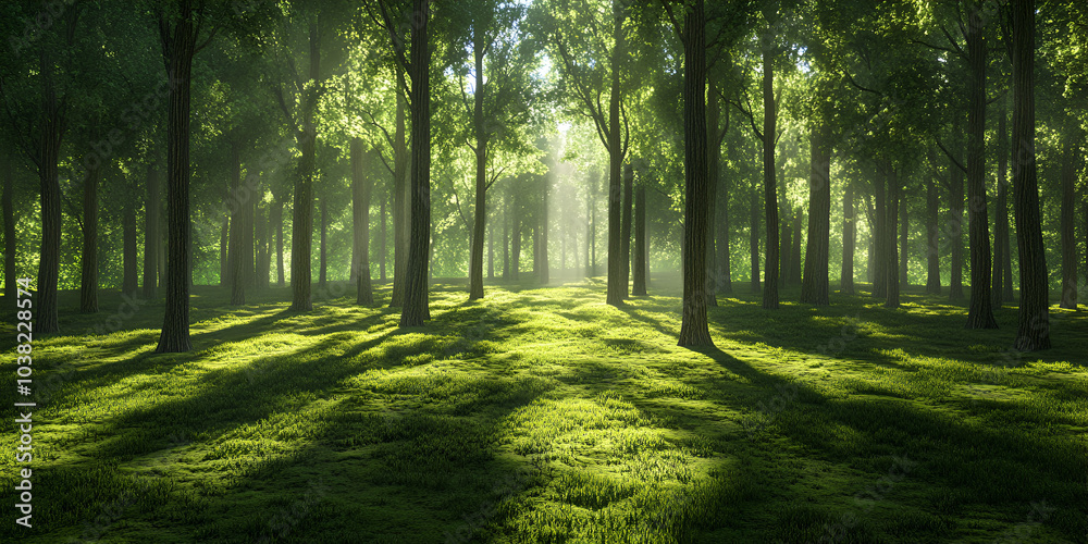 Obraz premium a serene forest scene with a path leading through a canopy of trees, illuminated by sunlight filtering through the gaps in the tree canopy.