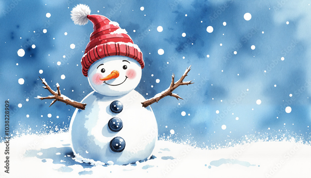 Happy snowman with a red hat and snow on a blue background Happy snowman with a red hat and snow on a blue background