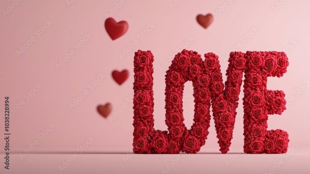 Red LOVE letters made of roses, glowing softly against a pink gradient background with floating heart-shaped bokeh lights Red LOVE letters made of roses, glowing softly against a pink gradient background with floating heart-shaped bokeh lights