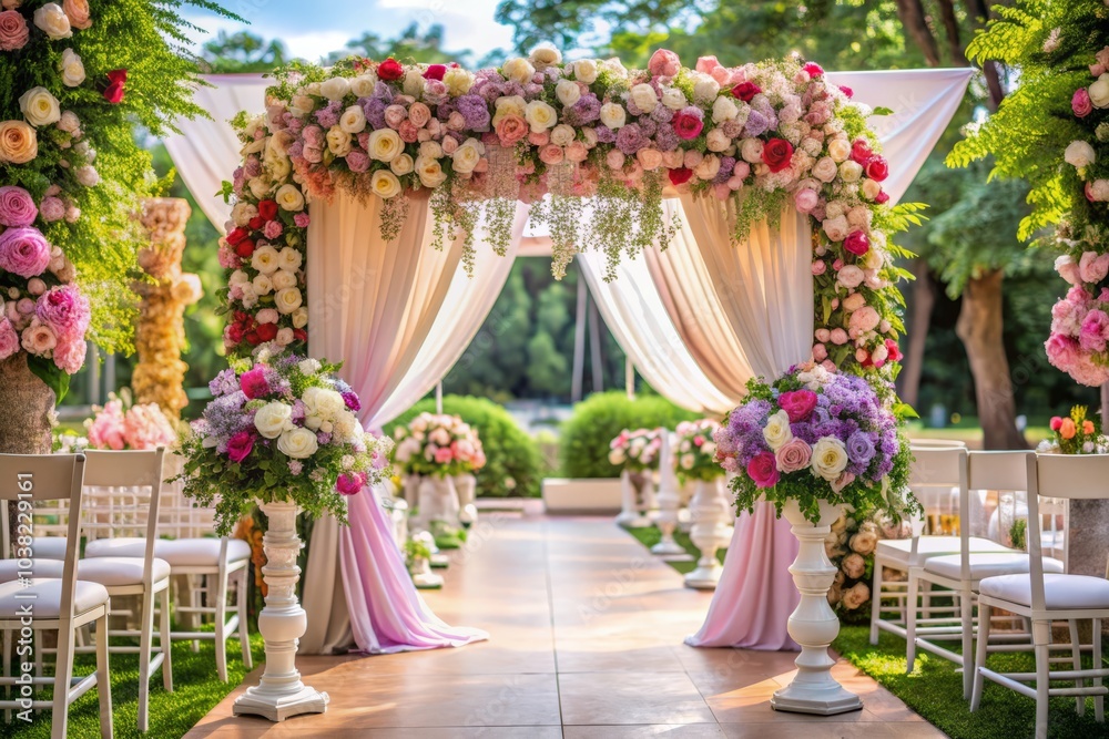 Elegant Wedding Ceremony Floral Decor with Vibrant Arrangements and Copy Space for Invitations and Announcements in Romantic Setting Elegant Wedding Ceremony Floral Decor with Vibrant Arrangements and Copy Space for Invitations and Announcements in Romantic Setting