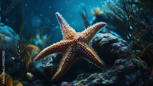 A starfish sits on the ocean floor surrounded by seaweed and rocks.