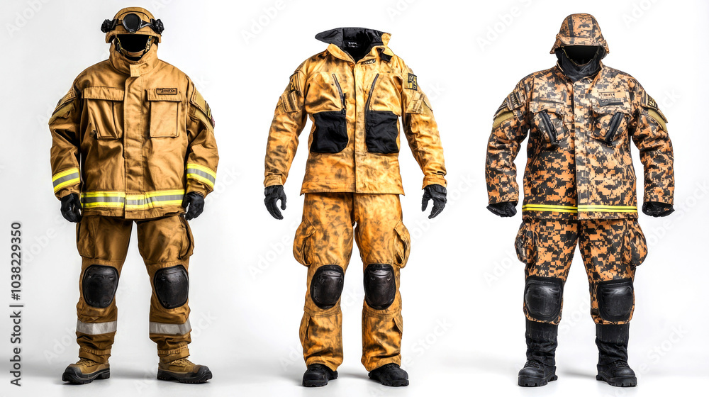 Three men in different protective suits standing in a row against a white background. Three men in different protective suits standing in a row against a white background.