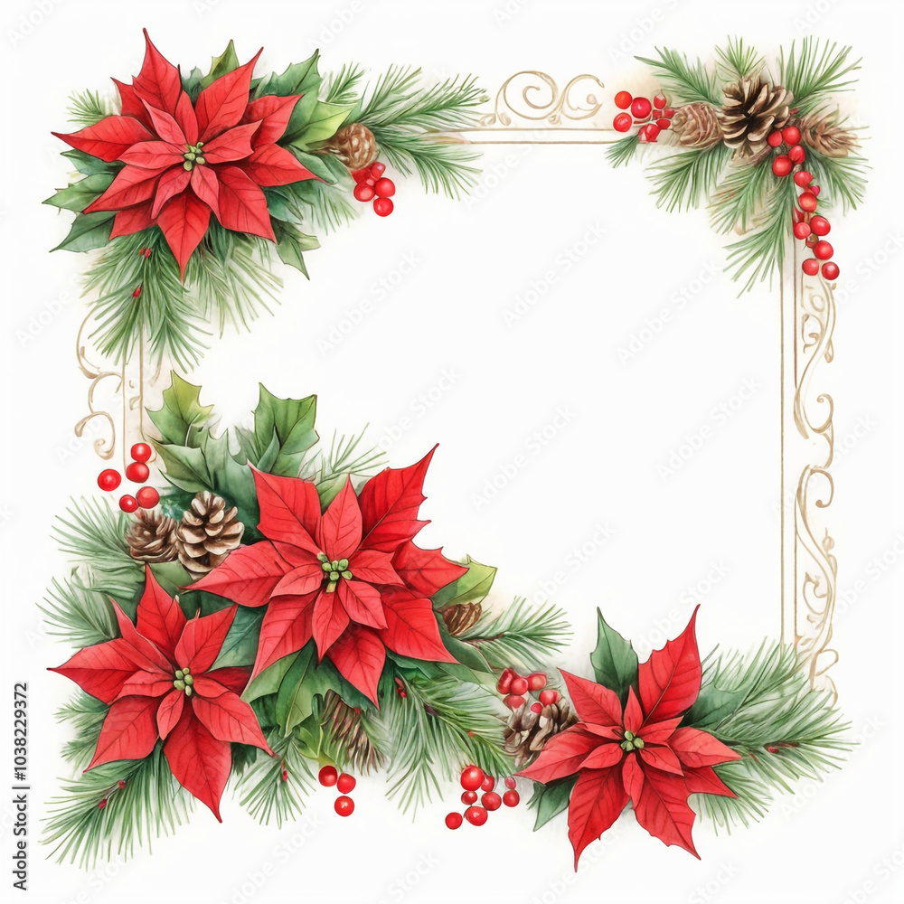 Christmas Frame with Watercolor Pine and Poinsettia Christmas Frame with Watercolor Pine and Poinsettia