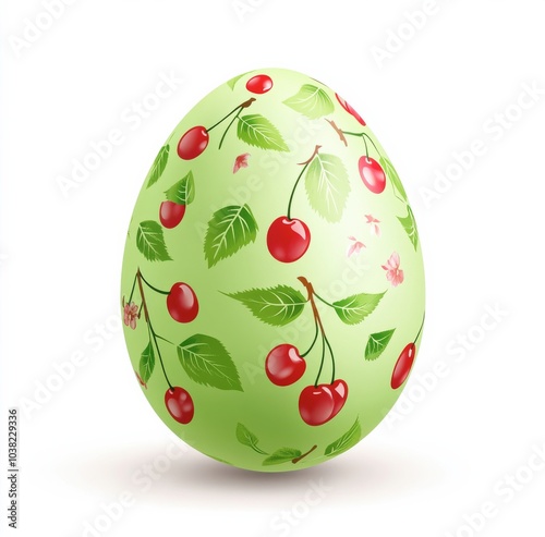 Colorful cherry-themed Easter egg decorated with vibrant green leaves on a white background photo