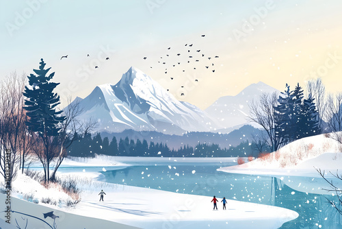 A peaceful scene of ice skaters gliding on a frozen lake, surrounded by snowy trees and mountains