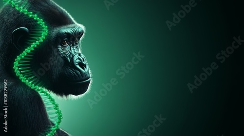 Gorilla profile with DNA helix on a dark gradient background.