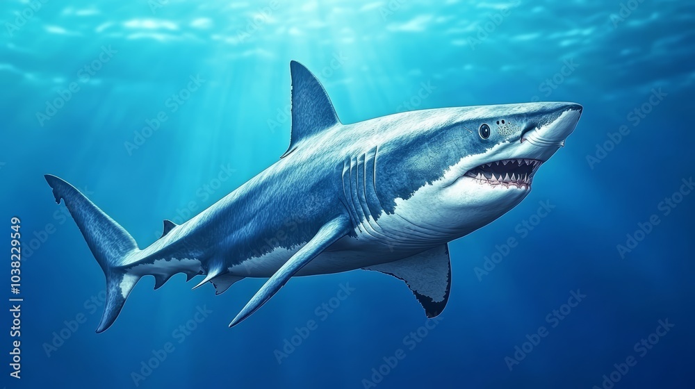 Fototapeta premium Great white shark swimming in clear ocean waters, highlighting its powerful form.