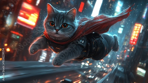 A Superpowered Cat Flying Through a Futuristic Cityscape photo