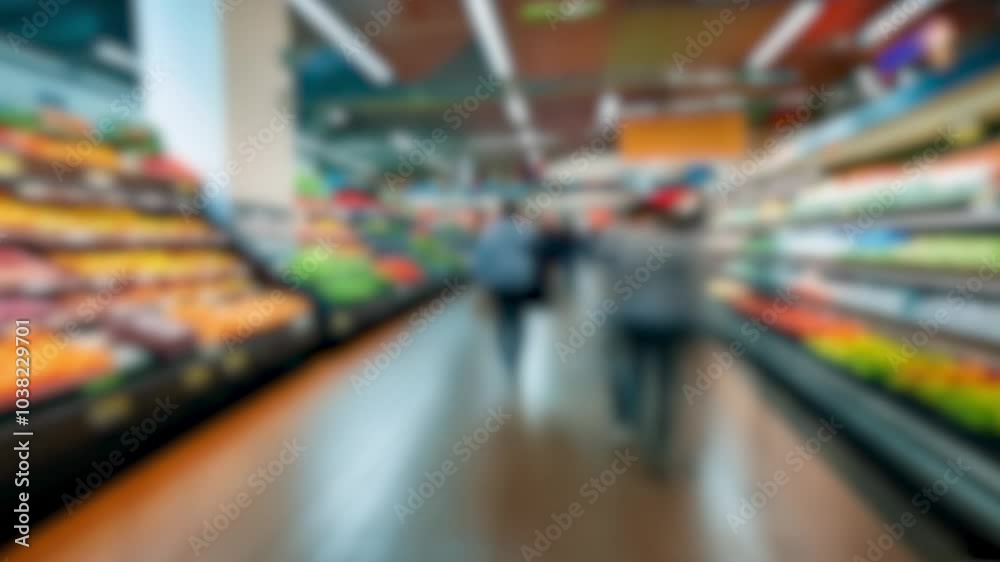 Shoppers walking through a vibrant supermarket aisle filled with fresh produce and groceries. Motion blur effect conveys movement and activity in a modern grocery store setting. Shoppers walking through a vibrant supermarket aisle filled with fresh produce and groceries. Motion blur effect conveys movement and activity in a modern grocery store setting.